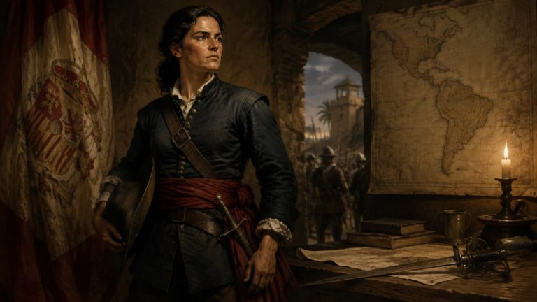 Recreación histórica editorial de Catalina de Erauso, conocida como la Monja Alférez, con bandera española, espada y mapa de América