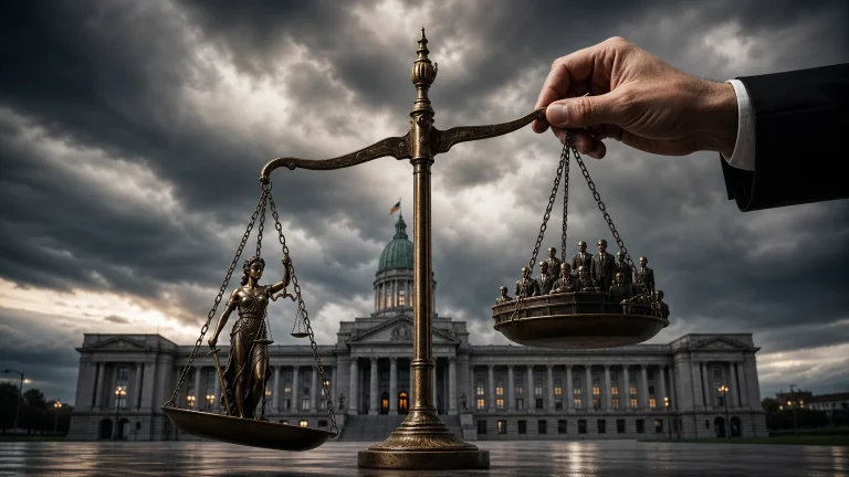 Una mano, simbolizando el gobierno, intenta manipular unas balanzas de la justicia que están visiblemente desequilibradas. Al fondo, la silueta de un edificio parlamentario bajo un cielo oscuro y tormentoso.