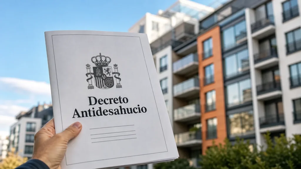 Una mano sosteniendo un documento con el título 'Decreto Antidesahucio' sobre un fondo borroso de edificios de apartamentos, simbolizando la intervención gubernamental en el mercado de la vivienda.