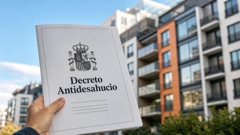 Una mano sosteniendo un documento con el título 'Decreto Antidesahucio' sobre un fondo borroso de edificios de apartamentos, simbolizando la intervención gubernamental en el mercado de la vivienda.