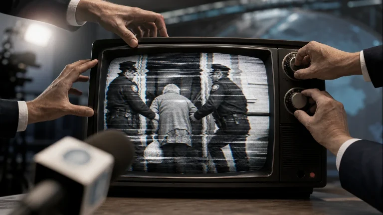 Manos de políticos y celebridades manipulando una pantalla de televisión que muestra un desahucio, con un micrófono de prensa en primer plano. La imagen es conceptual y sobria, sin retratos realistas de las personas mencionadas.