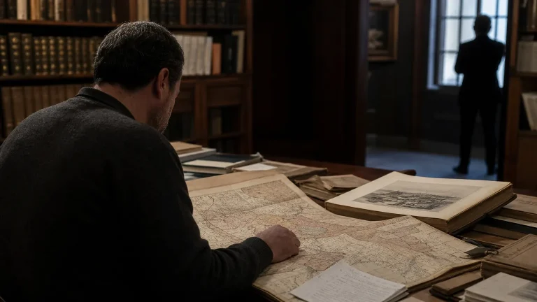 Manos de un historiador señalando un mapa antiguo de la región del Estrecho de Gibraltar, con Ceuta destacada, en una biblioteca, con una persona de espaldas observando