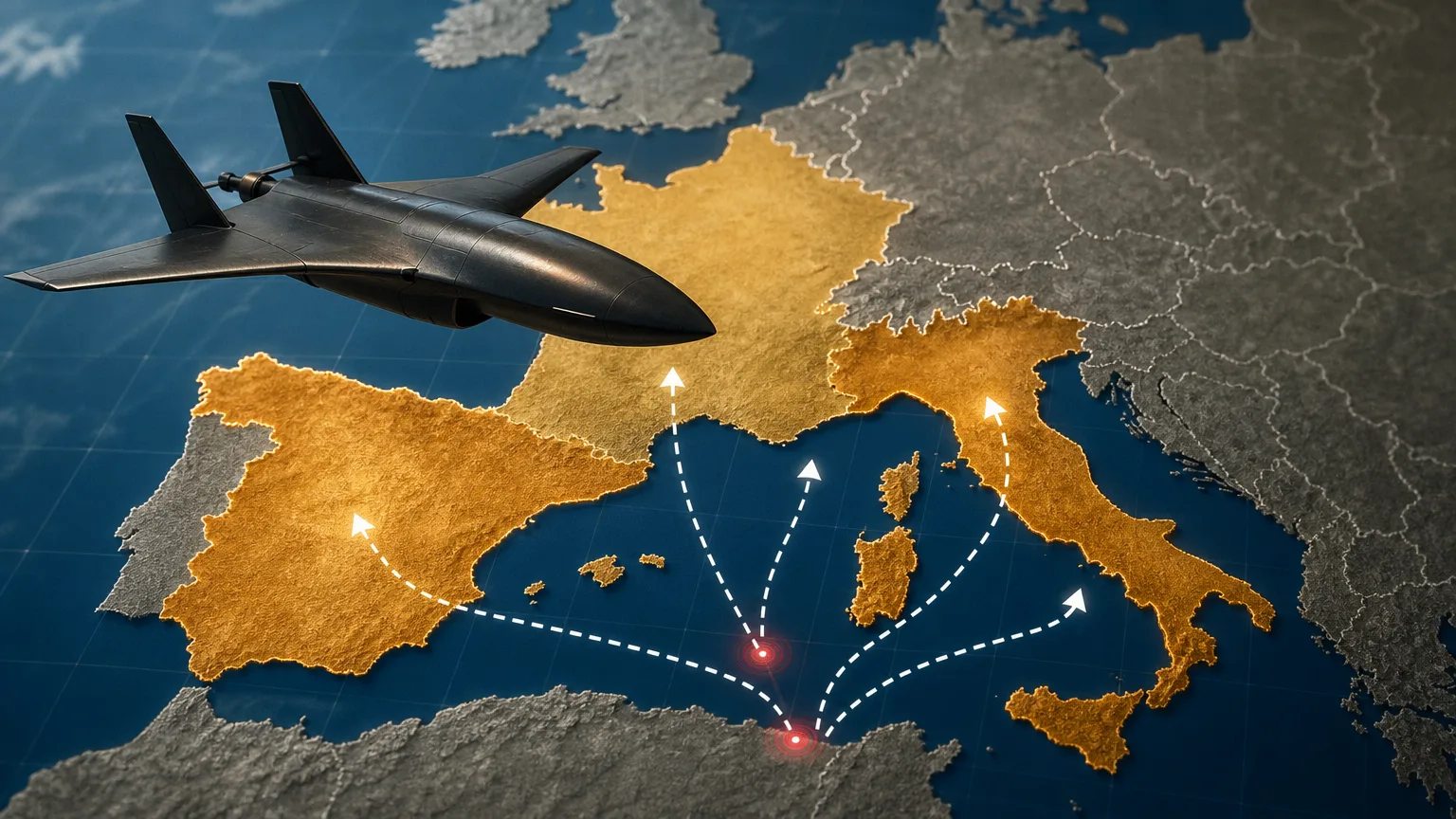 Un dron Hervera ruso, de color oscuro y diseño aerodinámico, volando sobre un mapa estilizado de Europa que muestra España, Francia e Italia resaltadas, con líneas punteadas que sugieren posibles rutas de ataque desde el Mediterráneo. La escena es conceptual, simbolizando la alerta y la amenaza.