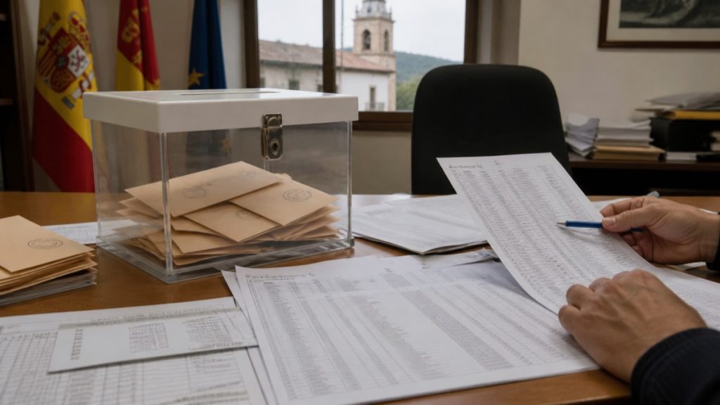Urna electoral y documentos del censo en un despacho municipal, imagen editorial sobre Madarcos y la Junta Electoral