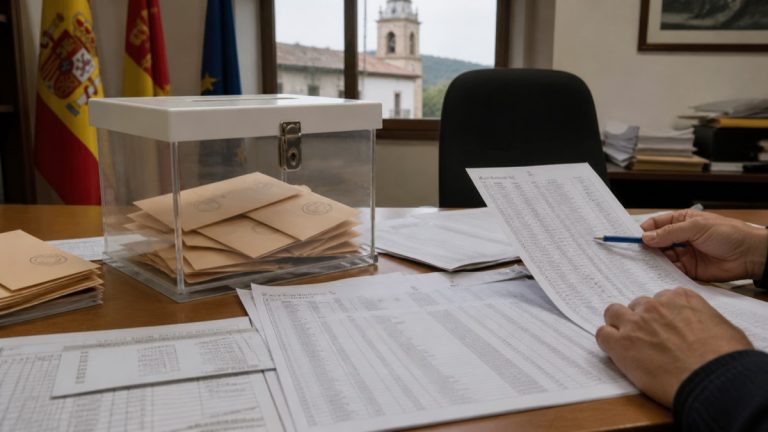 Urna electoral y documentos del censo en un despacho municipal, imagen editorial sobre Madarcos y la Junta Electoral