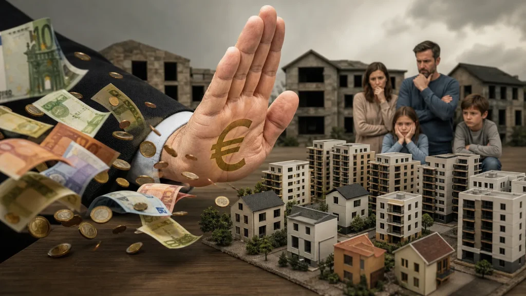 Mano deteniendo el avance de piezas de ajedrez que representan edificios y dinero, simbolizando la intervención estatal en el mercado inmobiliario.