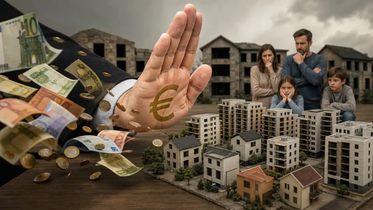 Mano deteniendo el avance de piezas de ajedrez que representan edificios y dinero, simbolizando la intervención estatal en el mercado inmobiliario.