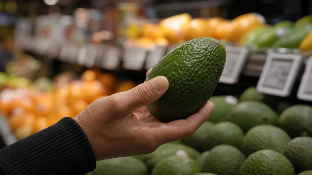 Mano adulta examina detenidamente la etiqueta de un producto fresco en un supermercado, con otros alimentos desenfocados al fondo