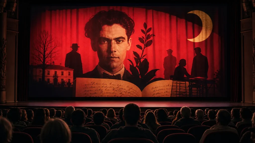 Representación simbólica de Federico García Lorca, no como figura política, sino como artista, con un telón de teatro de fondo y un foco de luz sobre un cuaderno abierto, sugiriendo su obra literaria.