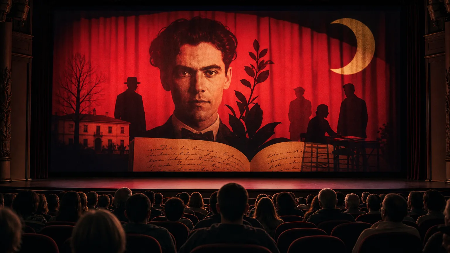 Representación simbólica de Federico García Lorca, no como figura política, sino como artista, con un telón de teatro de fondo y un foco de luz sobre un cuaderno abierto, sugiriendo su obra literaria.