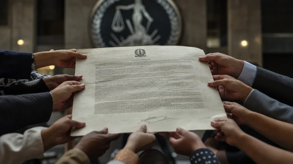 Manos anónimas de varias personas unidas, simbolizando la sociedad civil, alzando una balanza de la justicia en un ambiente de tribunal, con documentos legales desenfocados en el fondo.