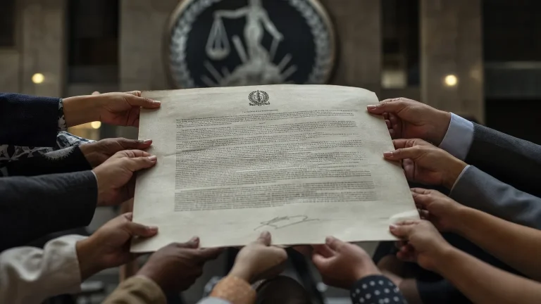 Manos anónimas de varias personas unidas, simbolizando la sociedad civil, alzando una balanza de la justicia en un ambiente de tribunal, con documentos legales desenfocados en el fondo.