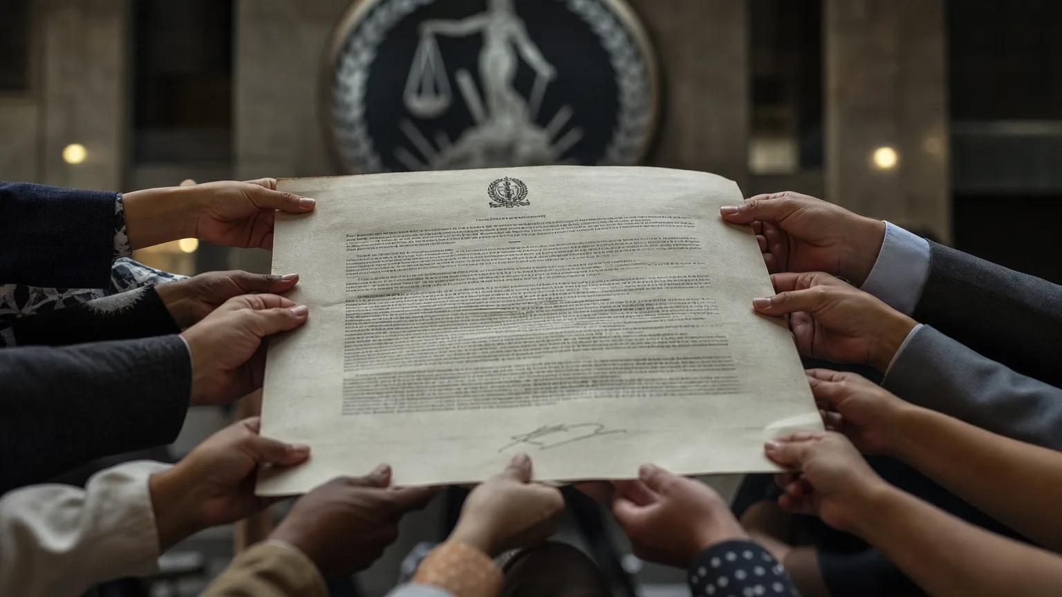 Manos anónimas de varias personas unidas, simbolizando la sociedad civil, alzando una balanza de la justicia en un ambiente de tribunal, con documentos legales desenfocados en el fondo.