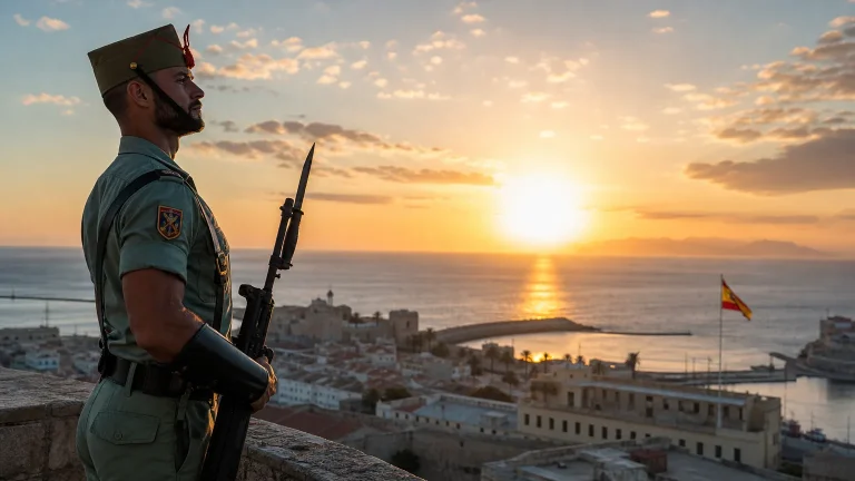 Una imagen conceptual de un soldado de la Legión Española de pie, firme y vigilante, con la ciudad de Ceuta al fondo y el mar Mediterráneo. La luz del amanecer o el anochecer crea una silueta imponente, simbolizando la defensa de la soberanía nacional.
