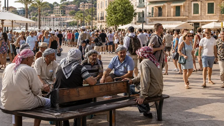 Vista aérea de una zona costera de Mallorca con urbanizaciones y, en primer plano, una plaza pública donde se observa una multitud de personas, algunas con pañuelos en la cabeza, generando una sensación de cambio social y aglomeración. El cielo está nublado, reflejando una atmósfera de preocupación.