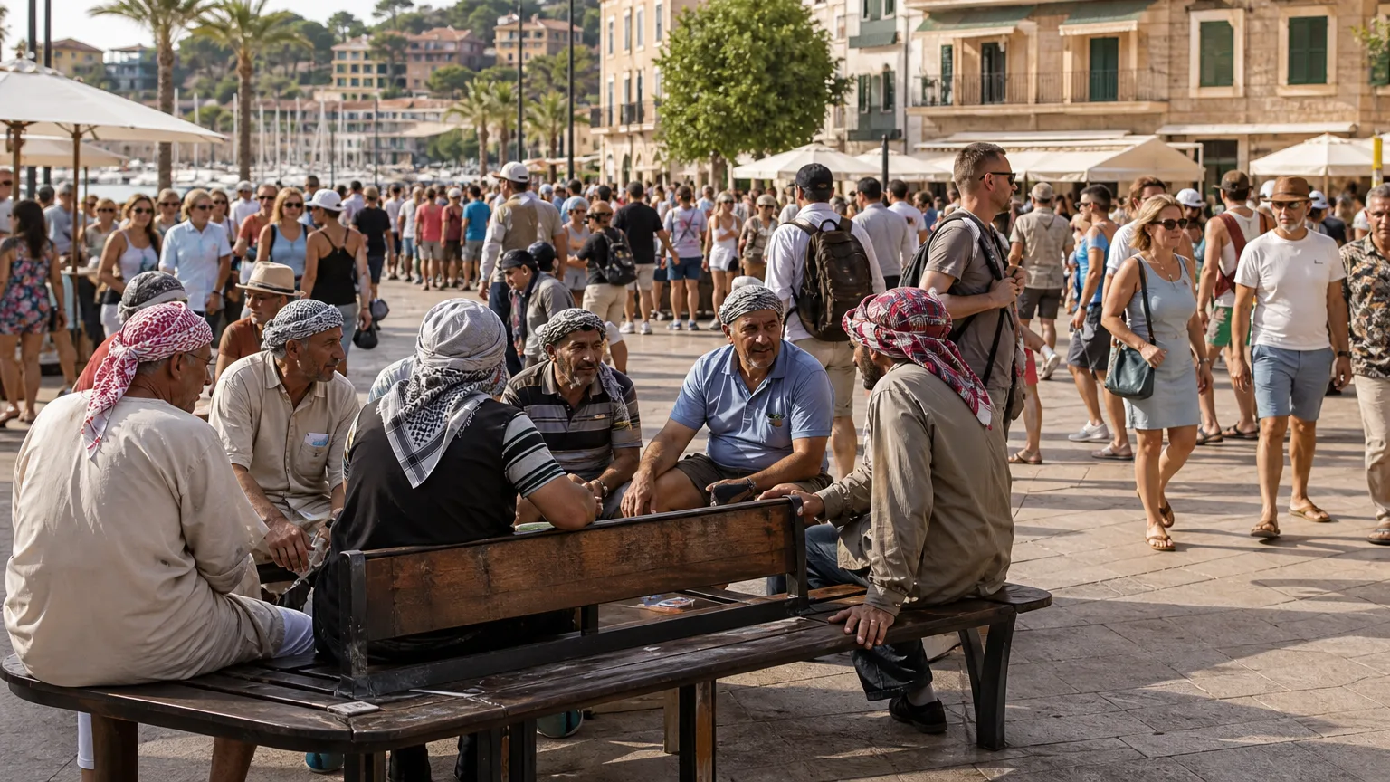 Vista aérea de una zona costera de Mallorca con urbanizaciones y, en primer plano, una plaza pública donde se observa una multitud de personas, algunas con pañuelos en la cabeza, generando una sensación de cambio social y aglomeración. El cielo está nublado, reflejando una atmósfera de preocupación.