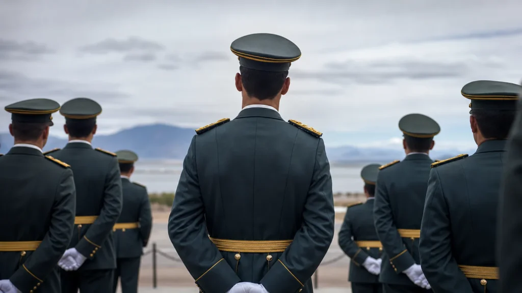 Silueta de un oficial militar saludando frente a una bandera española, con un ambiente de seriedad y deber. La imagen sugiere disciplina y lealtad a la corona.
