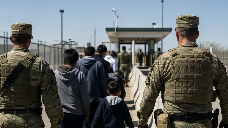 Soldados marroquíes no identificables dirigen a un grupo de personas, incluyendo menores, hacia una frontera