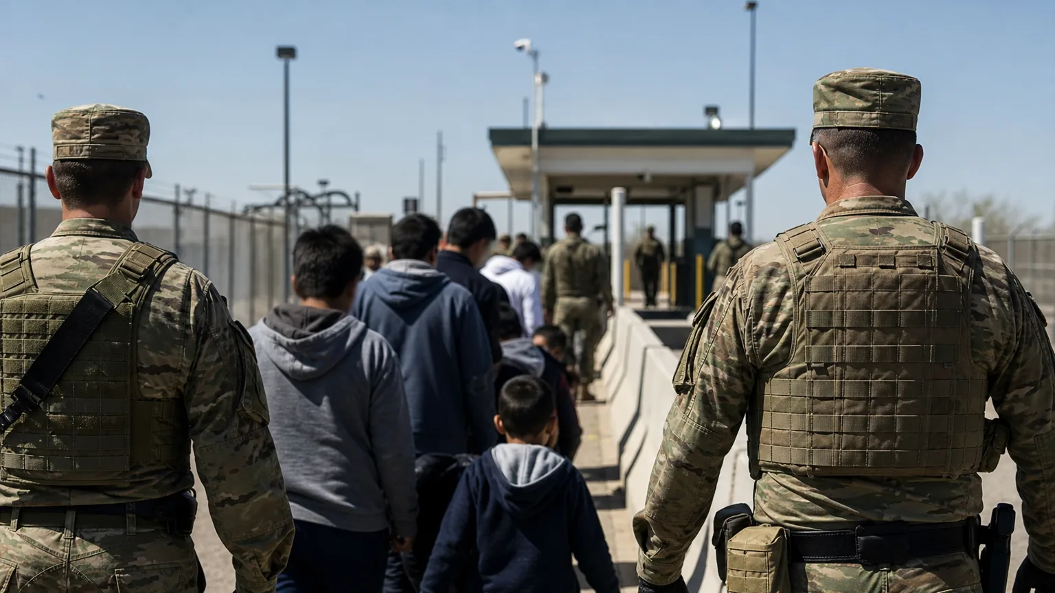 Soldados marroquíes no identificables dirigen a un grupo de personas, incluyendo menores, hacia una frontera