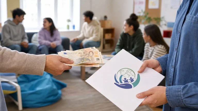 Una mano extendiendo dinero hacia otra mano que sostiene un documento con el logo de una ONG genérica, con un fondo difuso de jóvenes en un centro de acogida.