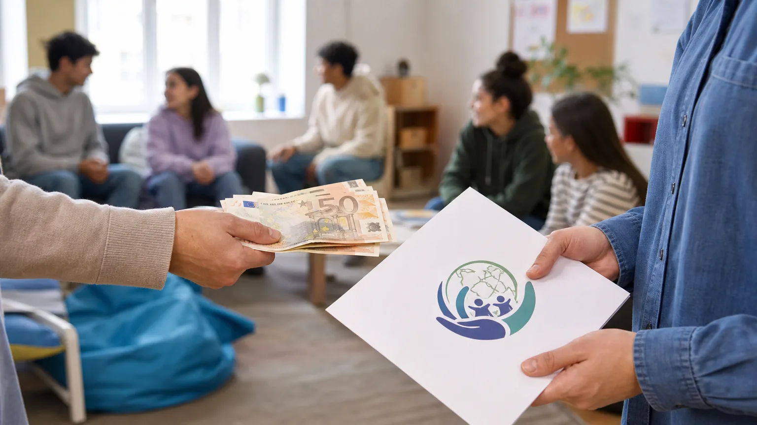 Una mano extendiendo dinero hacia otra mano que sostiene un documento con el logo de una ONG genérica, con un fondo difuso de jóvenes en un centro de acogida.