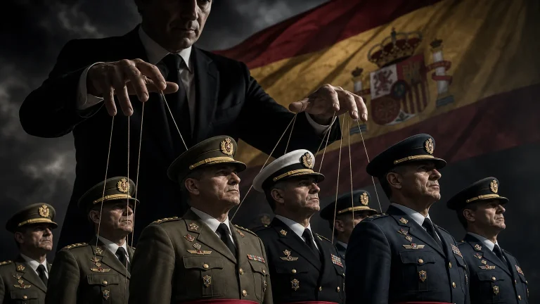 Una mano con uniforme militar señalando una bandera de España, con otra mano política intentando desviar el brazo. Simboliza la tensión entre lealtad a la patria y obediencia a un gobierno politizado.