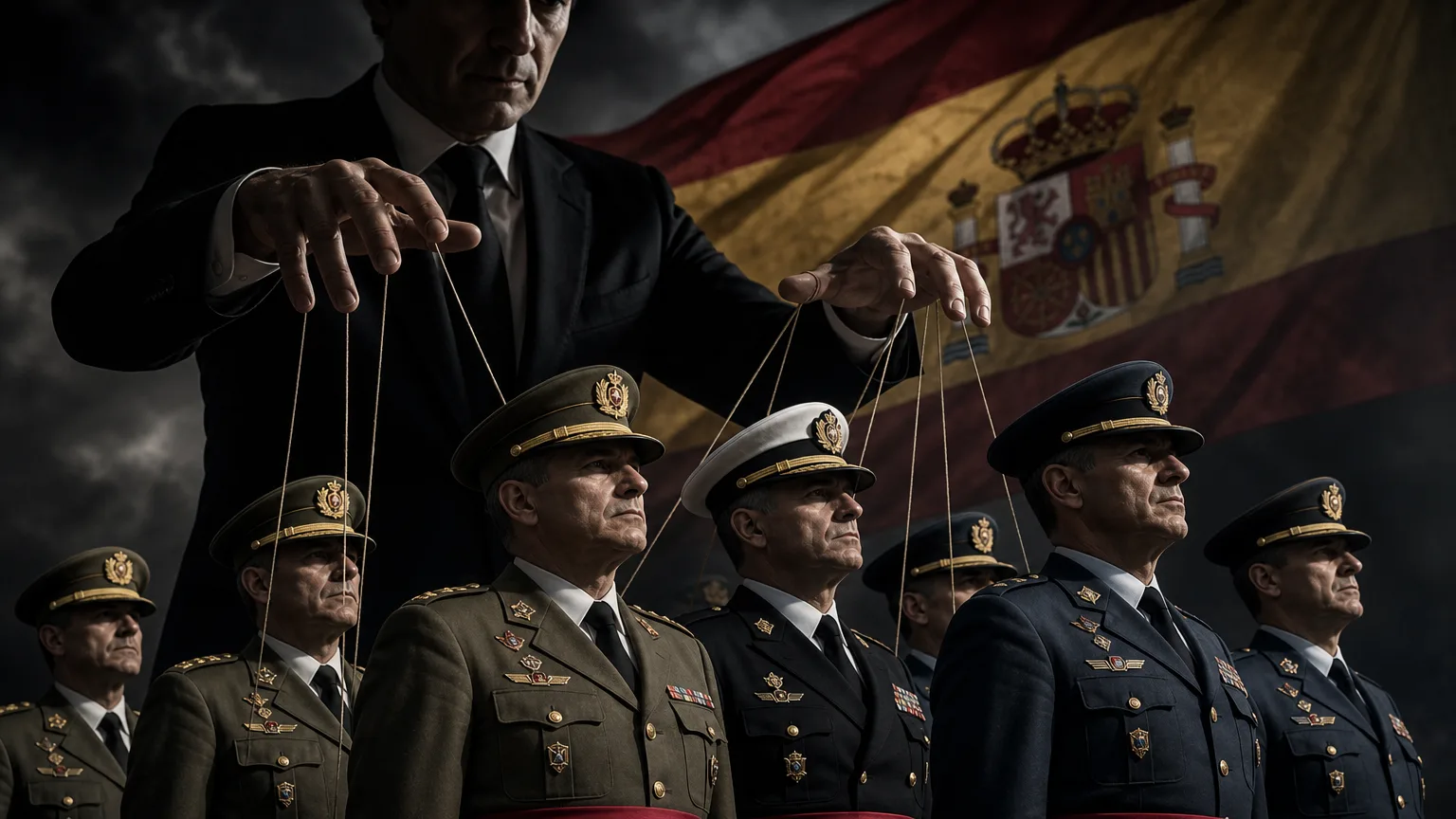 Una mano con uniforme militar señalando una bandera de España, con otra mano política intentando desviar el brazo. Simboliza la tensión entre lealtad a la patria y obediencia a un gobierno politizado.