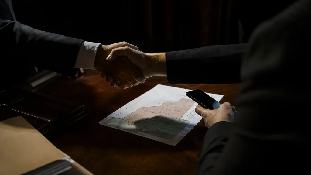 Manos anónimas estrechándose sobre una mesa, una de ellas sosteniendo discretamente un teléfono móvil mientras la otra tiene un documento con un mapa de la región del Sáhara. La escena es conceptual, sin rostros identificables, y simboliza un acuerdo secreto y espionaje.