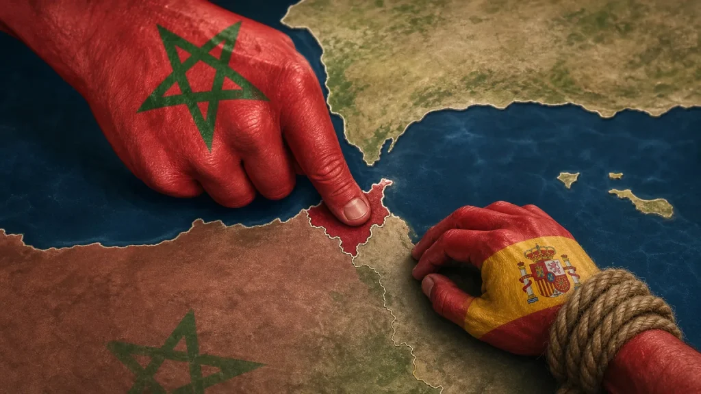 Mapa de Ceuta y Marruecos con una valla fronteriza, simbolizando la tensión y la soberanía española ante la presión migratoria.