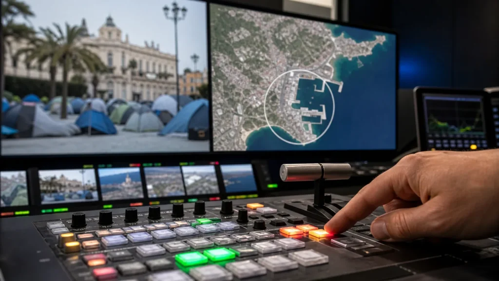 Una pantalla de televisión proyecta un 'relato' mediático sobre una tienda de campaña en la Puerta del Sol, mientras de fondo se vislumbra un mapa conceptual de Ceuta y su puerto estratégico, simbolizando la distracción de la atención.