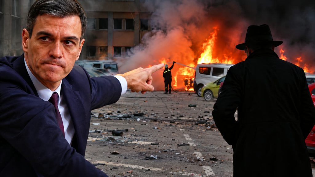 Fotomontaje editorial de Pedro Sánchez ante una calle con vehículos en llamas; miniatura del programa sin titular