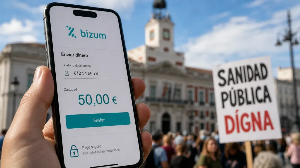 Un teléfono móvil mostrando una pantalla de Bizum en primer plano, con un cartel de protesta en la Puerta del Sol de Madrid desenfocado al fondo.