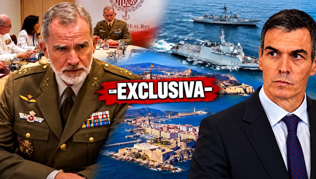 Montaje editorial sobre Felipe VI, Pedro Sánchez, la Armada y Ceuta; sin titular ni marca de tiempo