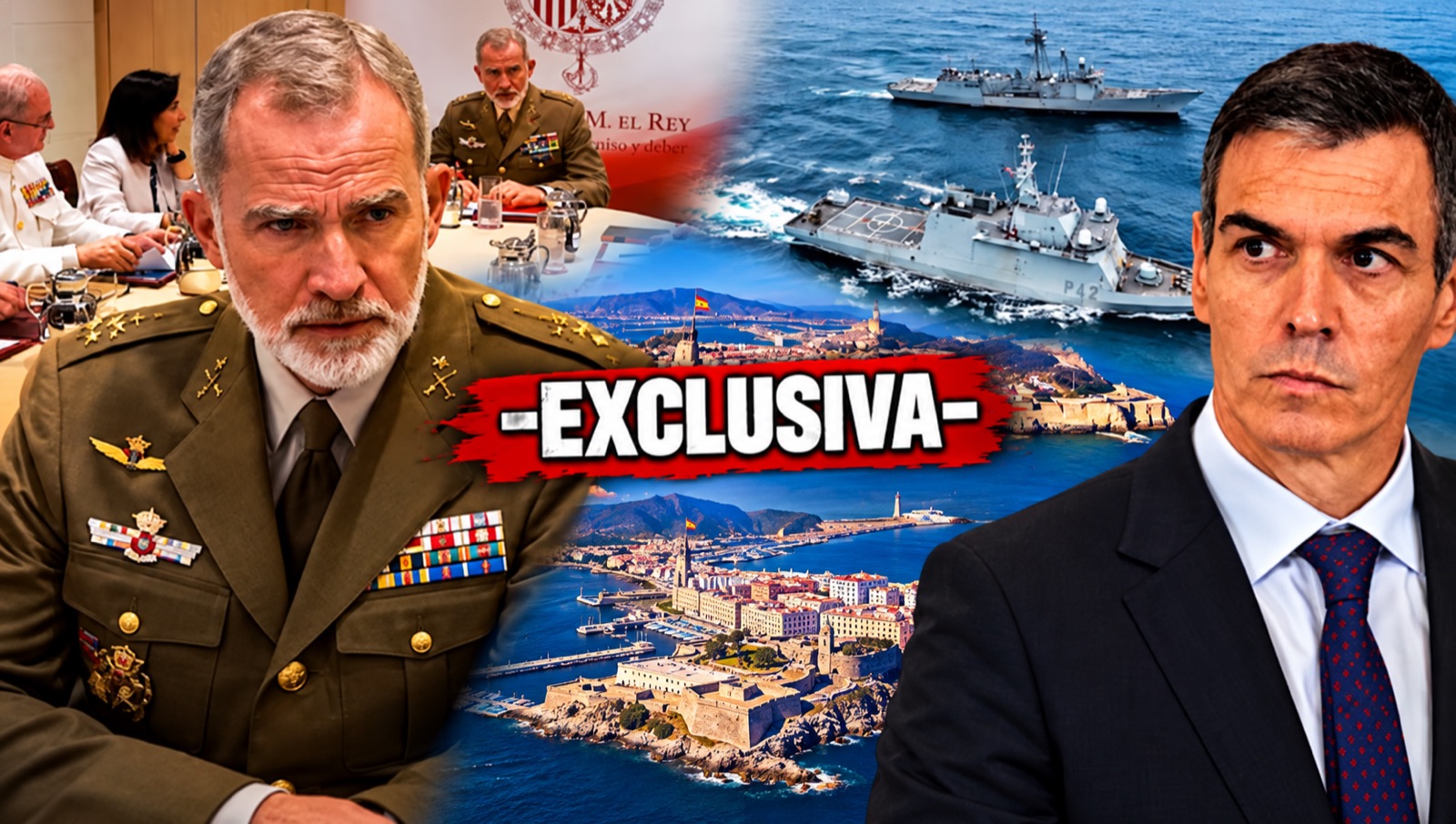 Montaje editorial sobre Felipe VI, Pedro Sánchez, la Armada y Ceuta; sin titular ni marca de tiempo