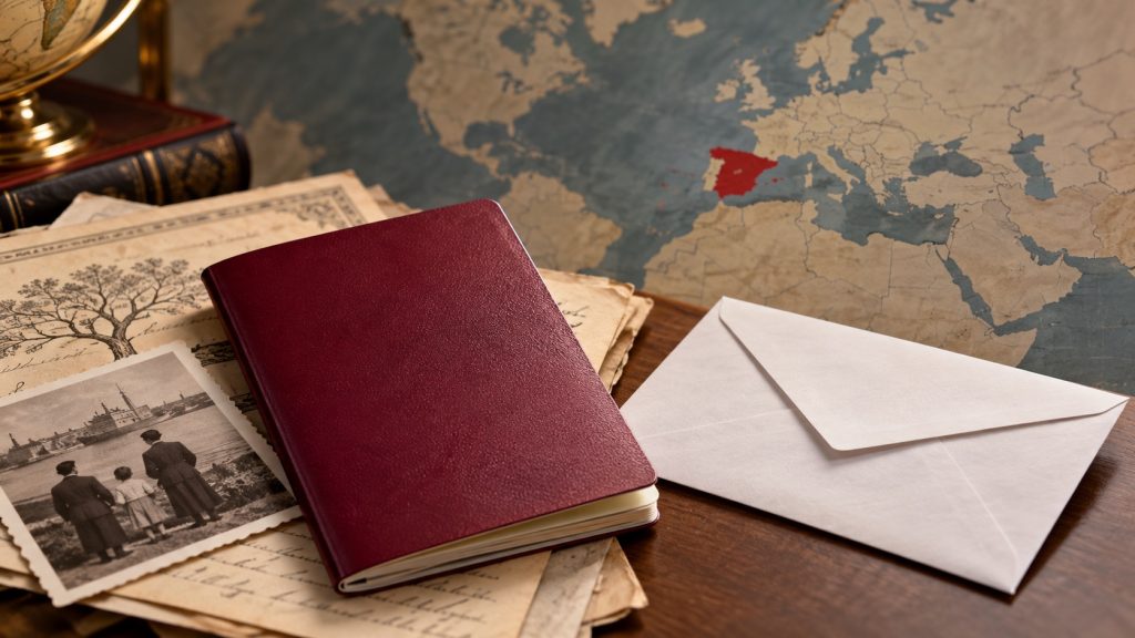 Ilustración editorial de documentos familiares, pasaporte y sobre electoral ante un mapa de España