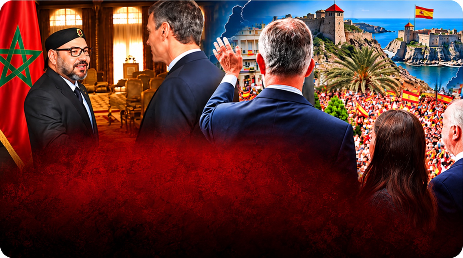 Montaje editorial ilustrativo sobre Marruecos, Pedro Sánchez, Ceuta y Melilla, sin titular ni contador de vídeo