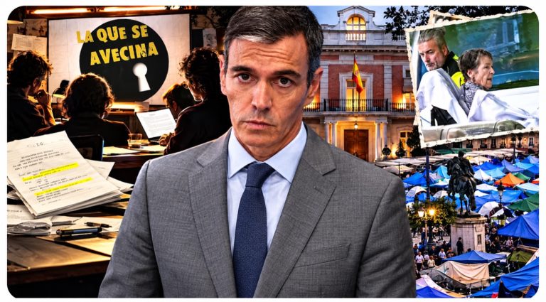 Montaje editorial sobre Pedro Sánchez, Moncloa y guionistas de televisión, sin titular ni contador
