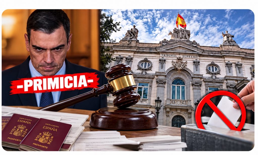 Montaje editorial con Pedro Sánchez, Tribunal Supremo, mazo judicial, pasaportes y una urna; rótulo Primicia