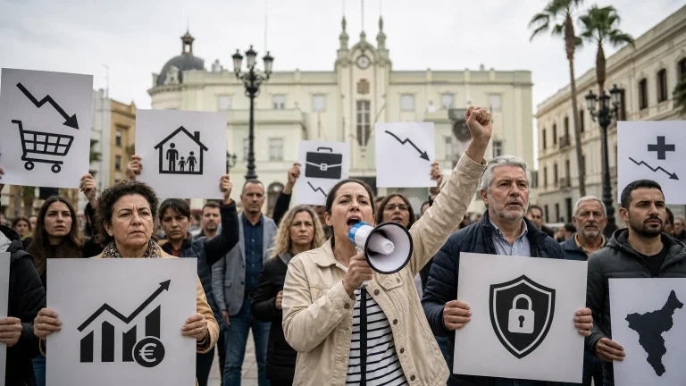 Ciudadanos manifestándose con pancartas que expresan frustración por la situación económica y la seguridad, con edificios institucionales al fondo