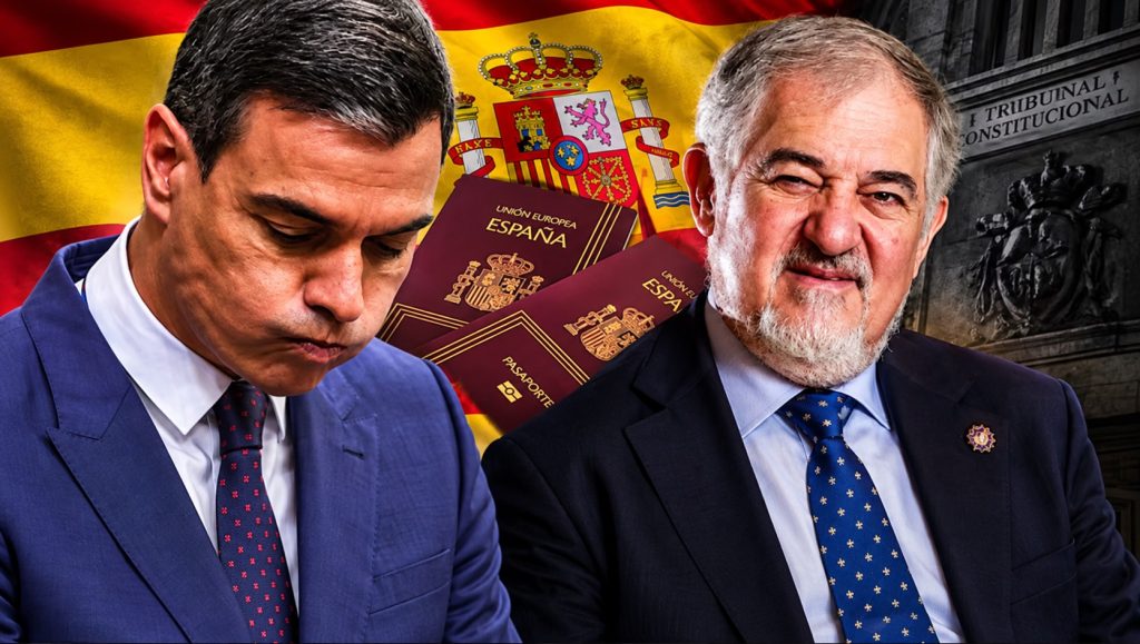 Montaje editorial de Pedro Sánchez y Cándido Conde-Pumpido ante la bandera de España, pasaportes y Tribunal Constitucional