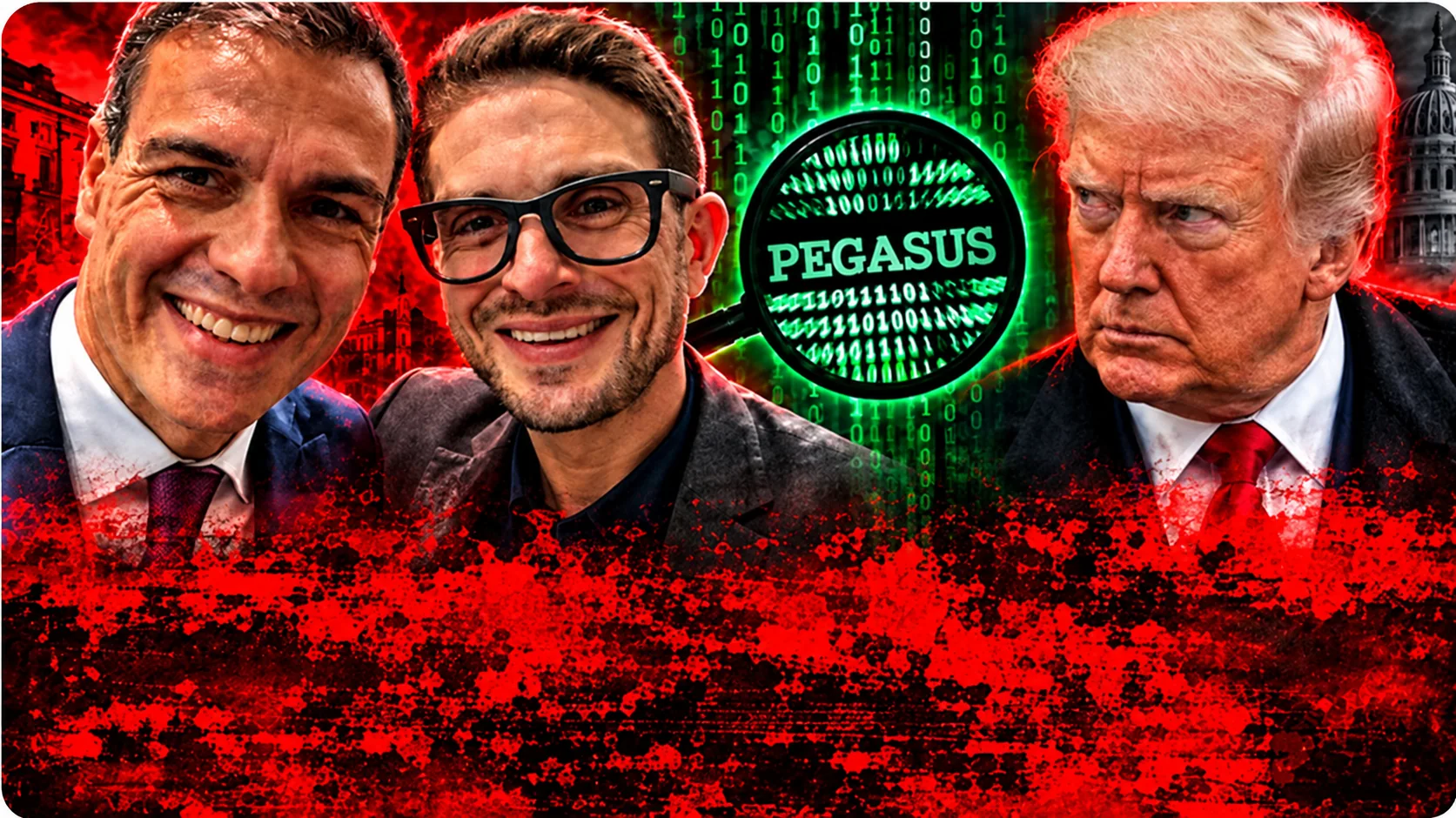 Fotomontaje editorial de Pedro Sánchez, Alexander Soros y Donald Trump junto a una referencia gráfica a Pegasus