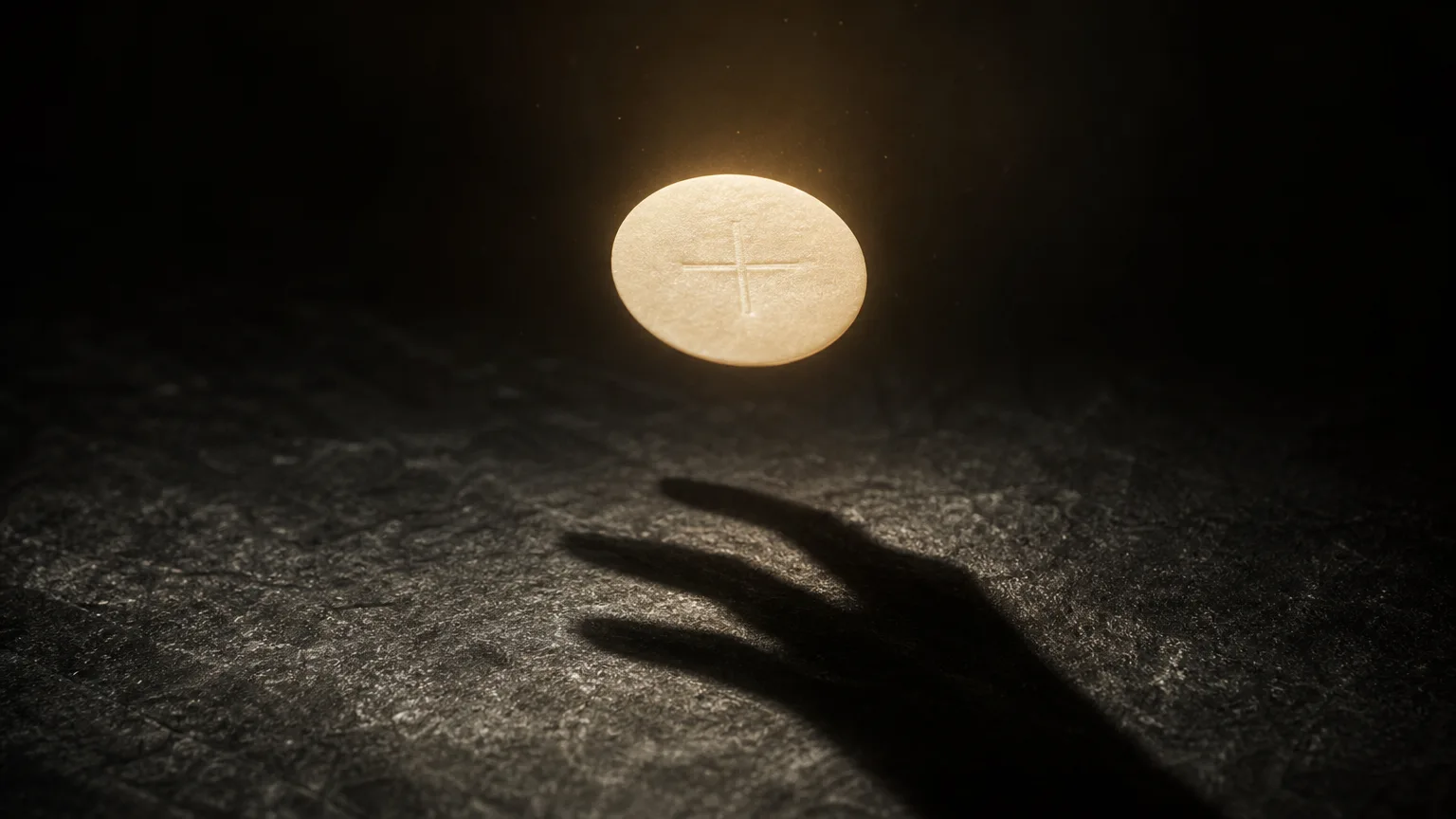 Una composición editorial sobria de un altar con una hostia, con elementos simbólicos que sugieren su manipulación o descontextualización, sin mostrar actos ofensivos explícitos