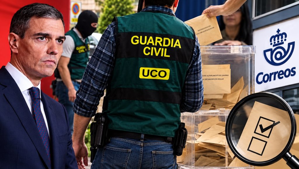 Montaje editorial de Pedro Sánchez, un agente con chaleco de la UCO, urnas y Correos; no es una fotografía documental de la investigación