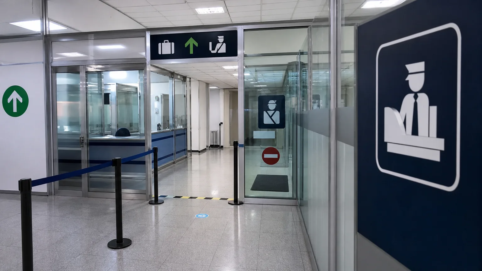 Pasillo de instalaciones aeroportuarias y zona restringida de control aduanero.