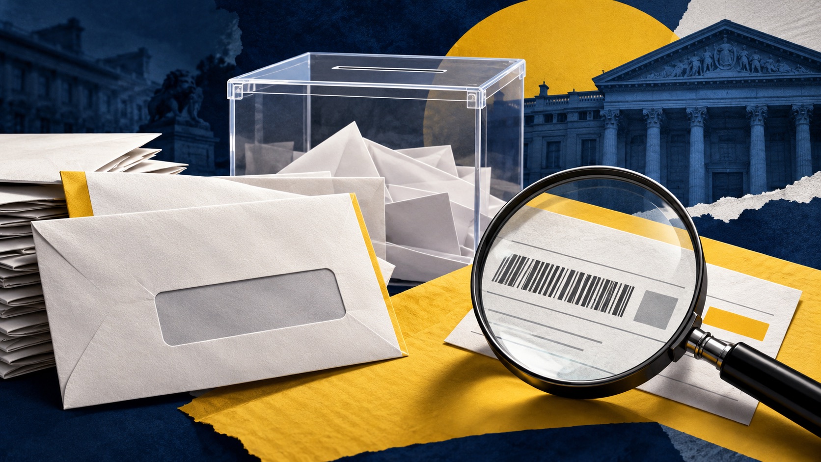 Ilustración editorial de sobres de voto por correo, urna y lupa; no representa hechos documentados